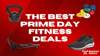 A kettlebell, bumper plates, sneakers, and rower on a red background with the text "The Best Prime Day Fitness Deals"