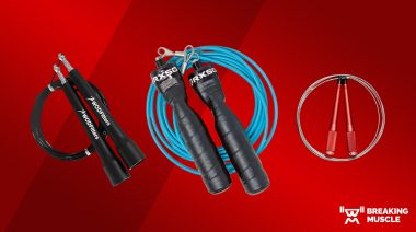Pictures of the WODFitters jump rope, Rx Smart Gear Custom Fit Jump Rope, and Rogue SR-2 Speed Rope on a red background