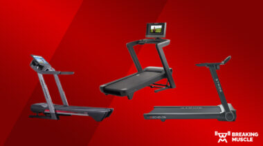 Three treadmills on a red background