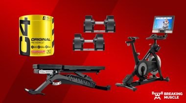 C4 pre-workout, adjustable dumbbells, a REP Fitness weight bench, and an exercise bike on a red background