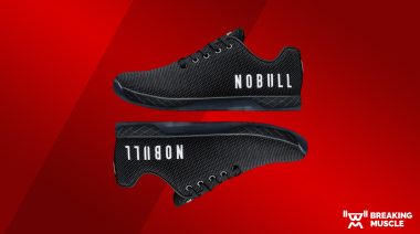A picture of black NOBULL shoes on a red background