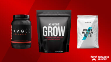 Kaged Re-Kaged, XWERKS Grow, and MyProtein Impact Whey on a red background