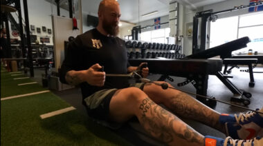 Hafthor Björnsson performs a seated row.